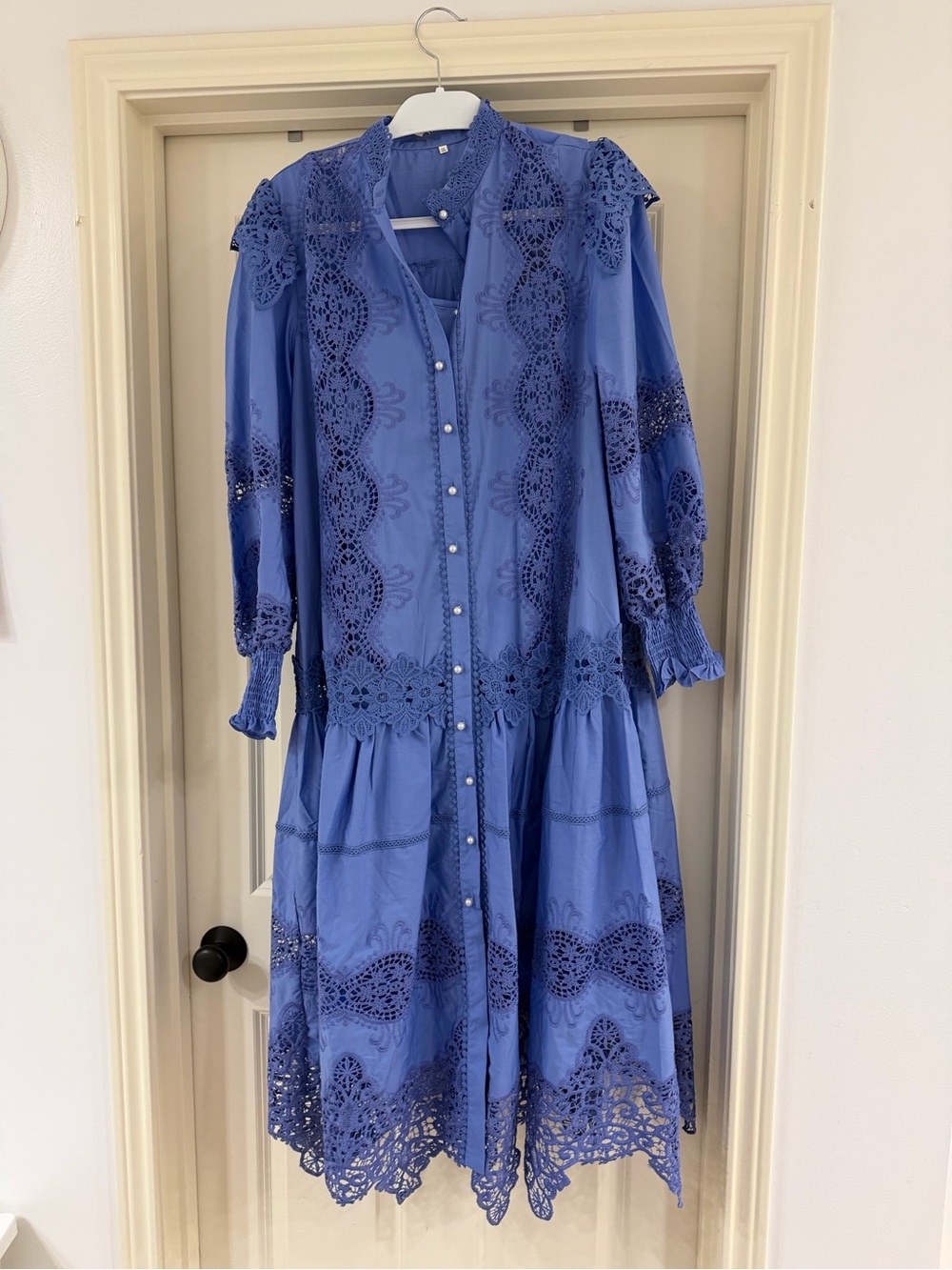 Sunfere Elegant Blue Lace Midi Dress with Waist Tie - Picture 2 of 5